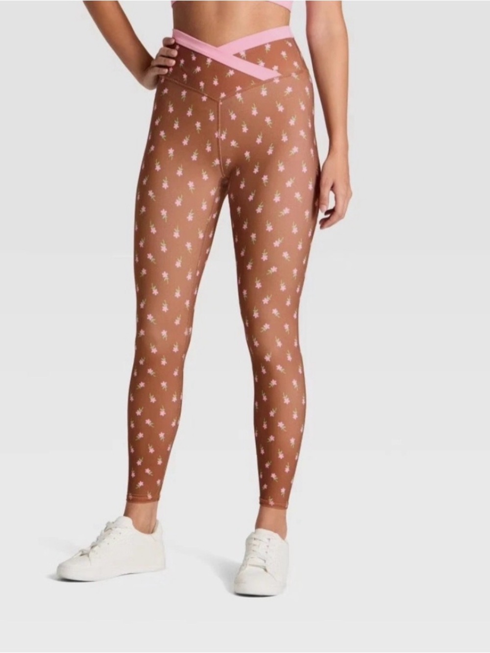 JoyLab CrossOver Legging - Brown with Floral Detail - L
